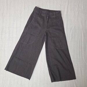 Anthropologie Huston Utility Black Denim Wide Leg Cropped Raw Hem Boho Sz 0